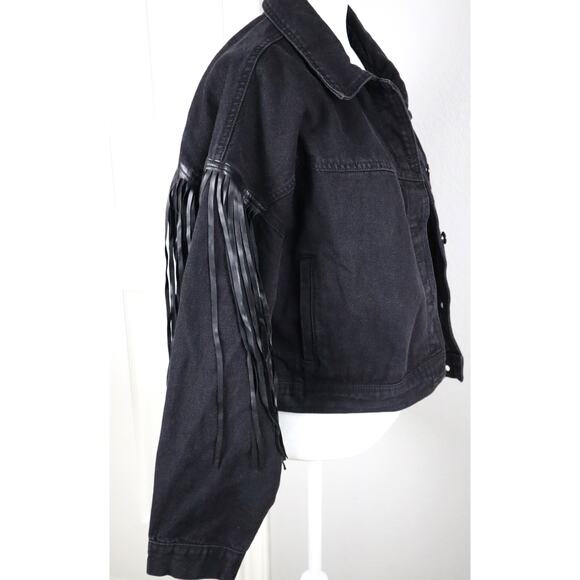 Black Denim Jacket Faux Leather Fringe Western Boho Oversized OX XL Short COTTON - Picture 10 of 10